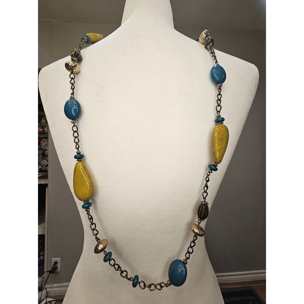 Boho Long Station Necklace Teal Mustard Yellow Gold Bronze Tone Mixed Bead Chain